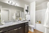 Elegant bathroom featuring modern vanity with granite countertop, stylish decor, and contemporary artwork, exuding sophistication.