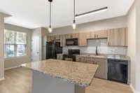 Modern kitchen with granite countertops, stylish pendant lighting, and sleek appliances in a spacious, sunlit open-plan layout.