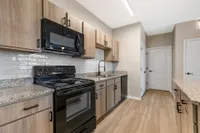 Modern kitchen with sleek granite countertops, stylish wooden cabinets, and high-end appliances in a bright open space.