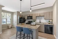 Chic modern kitchen with granite countertops, stylish pendant lighting, and contemporary appliances overlooking a bright and airy space.