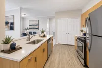 Modern kitchen with sleek stainless steel appliances, elegant light wood cabinets, and a spacious island overlooking a cozy dining area.