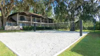 Beach volleyball pit surrounded by green grass, trees and apartment building in background.
