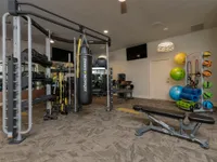 Carpeted gym with punching bag, medicine balls, weights, pull up bars, and various other pieces of equipment in the background.