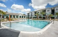 Pool with buildings in background
