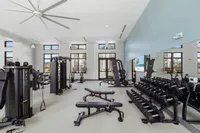 Modern gym with state-of-the-art equipment, including free weights and cardio machines, in a bright and spacious setting with large windows.