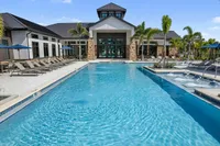Luxurious poolside oasis with comfortable loungers and modern clubhouse surrounded by swaying palms under a clear blue sky.
