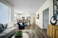 Modern apartment living area with elegant hardwood floors, cozy gray sofa, and stylish open-plan kitchen with white cabinetry.