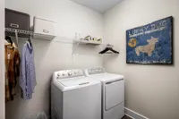 Chic laundry room with modern washer and dryer, stylish clothing rail, and vibrant dog-themed artwork.