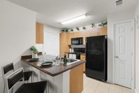 Modern kitchen with sleek black appliances, elegant countertop dining, and stylish wood cabinetry.