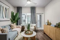 Chic living room with modern decor, featuring a cozy grey sofa, elegant artwork, and a stylish coffee table adorned with a lush plant.
