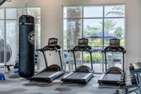 Modern fitness center with treadmills, punching bag, and scenic outdoor view through large windows.