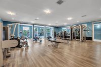 Bright and spacious fitness center with modern workout equipment, featuring large windows and sleek wooden flooring.