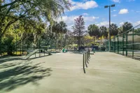 Vibrant outdoor recreational area with agility course surrounded by lush greenery and palm trees under a clear blue sky.