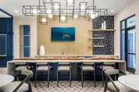 Sophisticated modern kitchen with geometric lighting, elegant bar seating, and a stylish turtle artwork centerpiece.