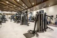 Modern fitness center featuring state-of-the-art exercise equipment, sleek design, and spacious workout areas.