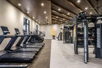 Modern fitness center featuring state-of-the-art treadmills, strength training equipment, and motivational wall art, perfect for an invigorating workout.