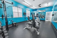 Modern fitness studio with vibrant blue walls, featuring state-of-the-art exercise equipment, mirrors, and ceiling fans.
