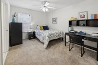Cozy bedroom with plush carpeting, modern furniture, and a stylish desk; perfect for comfort and productivity.