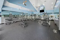 Spacious and modern apartment gym featuring state-of-the-art fitness equipment, natural lighting, and a sleek mirrored wall.