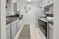 Chic galley kitchen featuring modern appliances, sleek countertops, and stylish cabinetry, perfect for culinary creations.