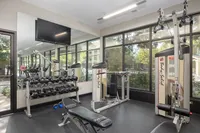Modern fitness center with state-of-the-art equipment, large windows offering scenic outdoor views, and abundant natural light.
