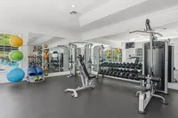 Modern fitness center with sleek equipment, vibrant exercise balls, and ample natural light.