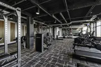 Modern fitness center with advanced gym equipment, featuring treadmills, weight machines, and sleek industrial design.