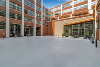 Modern apartment exterior with sleek design, expansive windows, and inviting entrance surrounded by plant decor.