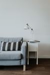 grey couch with throw pillow. side table and lamp on right side.