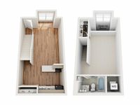 3D floor plan showing a two-level apartment with an open living area, kitchen, stylish staircase, and separate laundry room.