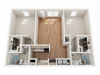 Elegant 3D floor plan with two bedrooms, a central living area, two bathrooms, and modern kitchen design.