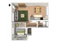 3D floorplan of one-bedroom, one-bathroom with furniture