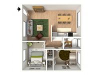 3D floorplan of two-bedroom, one-bathroom with furniture