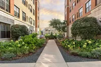 Charming apartment courtyard lined with lush greenery and flowering shrubs, nestled between elegant brick buildings.
