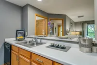 Charming kitchen view featuring a sleek countertop, dual sink, and stylish decor accents with a glimpse into the cozy living room.