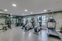 Modern apartment gym featuring state-of-the-art cardio machines and weight equipment, ideal for fitness enthusiasts.