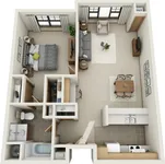 Modern 3D floor plan displaying a cozy one-bedroom apartment with a sleek kitchen, inviting living area, and elegant bathroom design.