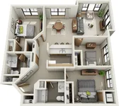 Elegant 3D floor plan featuring two bedrooms, a cozy living room, modern kitchen with bar seating, and a stylish dining area.