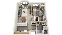 Chic 3D floor plan with one bedroom, a cozy living room, modern kitchen, and elegant bathroom.