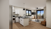 Sleek modern kitchen and living room combination with wooden flooring and large windows.