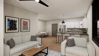 Modern living room with stylish furniture, open kitchen, and decorative artwork, offering a cozy ambiance.