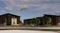 Contemporary apartment buildings with stylish architecture and surrounding landscaping.