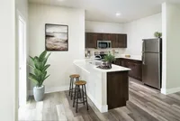 Modern kitchen with sleek cabinetry, stainless steel appliances, and an inviting breakfast bar accented by stylish stools and vibrant greenery.