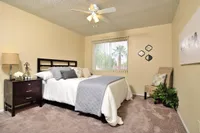 Camelot Apartment's inviting bedroom with plush carpet, elegant decor, and cozy bed. Natural light filters through vertical blinds, enhancing the serene ambiance.