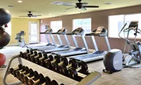 Vibrant fitness center at Camelot Apartments featuring modern treadmills, a variety of dumbbells, and exercise equipment in a spacious, well-lit environment.