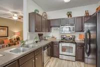 Modern kitchen at Raveneaux Apartments with sleek dark cabinets, stainless steel appliances, and bright open layout connected to cozy living room.