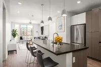 Natural Light and City Views View of Kitchen Showing Living Room, Couches and City Views