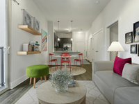Inviting 1 Bedroom Apartment at The Melrose Apartments in Berry Hill Contemporary apartment living room with a cozy gray sofa, vibrant red dining chairs, and modern kitchen. Bright artwork and stylish floating shelves enhance the chic decor at The Melrose Apartments in Berry Hill.