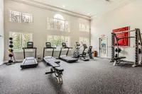24-Hour Fitness Center Bright and modern gym at Scott Mountain Apartments featuring state-of-the-art treadmills, elliptical machines, weight station, and large windows for natural light.