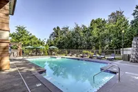 Resort-Style Pool Scott Mountain's outdoor swimming pool with sun loungers and shaded seating surrounded by lush greenery.